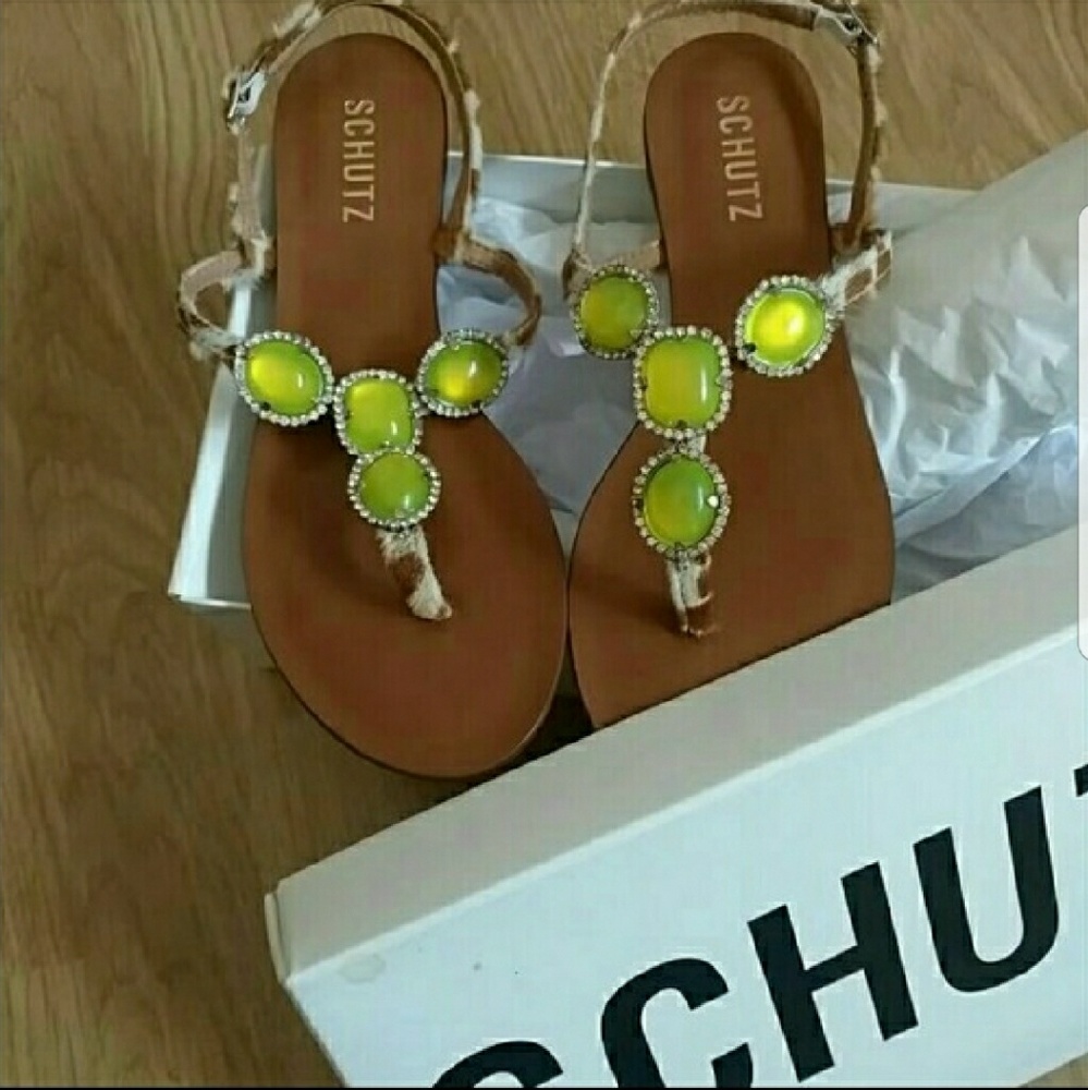 SCHUTZ jeweled faux-fur flat sandals
